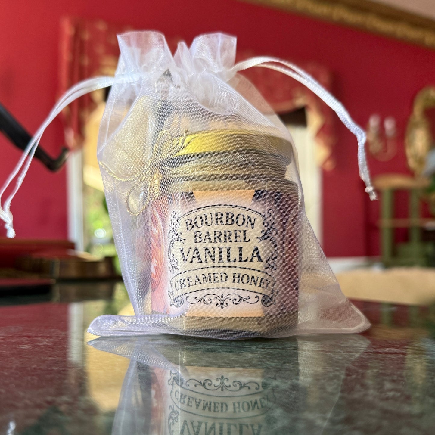 Father’s Day honey gift – bourbon barrel vanilla creamed honey in rustic jar with ribbon