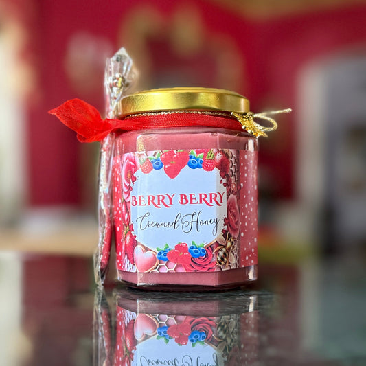 Berry Creamed Honey Gift in Glass Jar with Gold Spoon and Ribbon – Gourmet Honey for Toast, Tea, and Summer Gifting